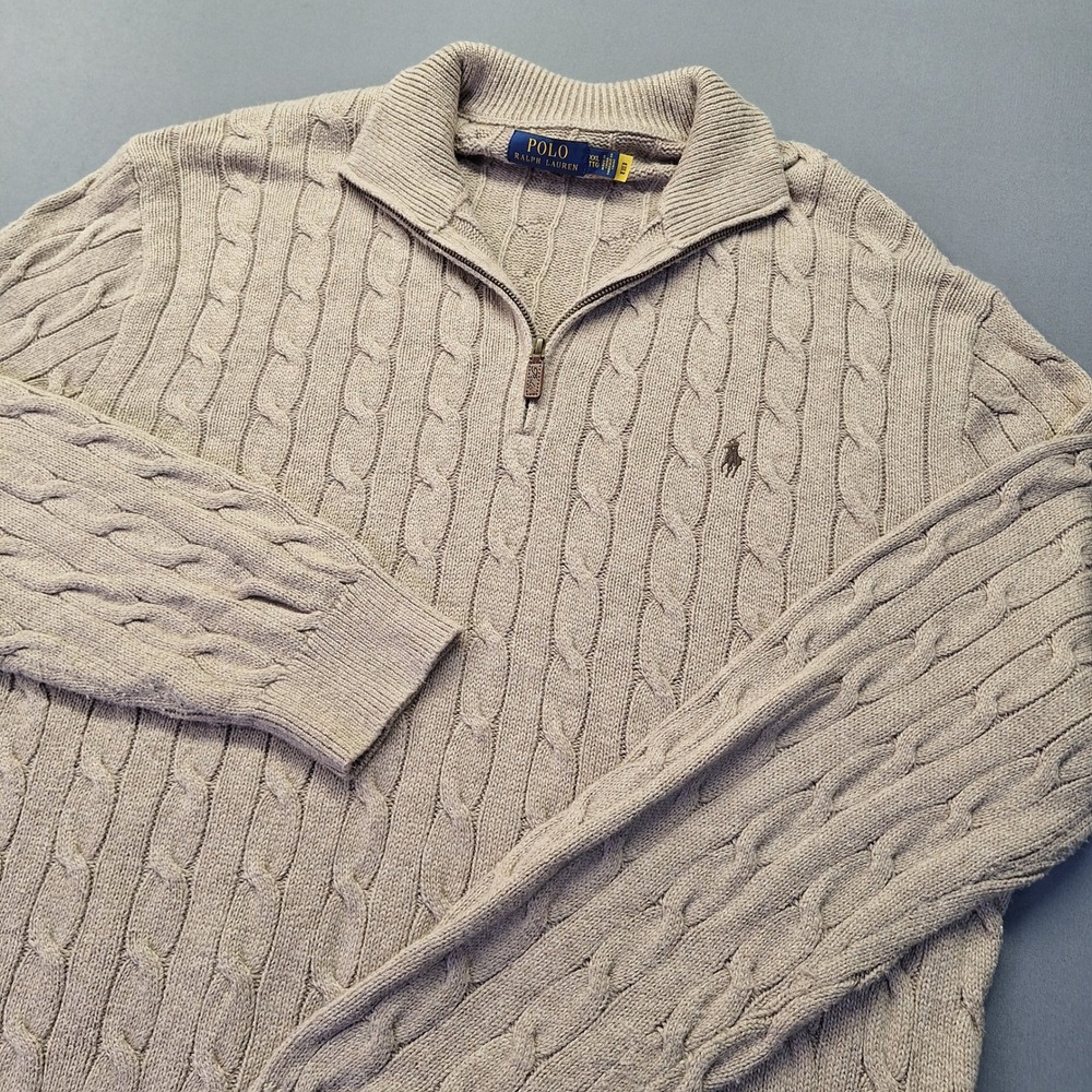 Polo Ralph Lauren Mens XXL Tan Beige Cable Knit Quarter Zip Pullover Sweater